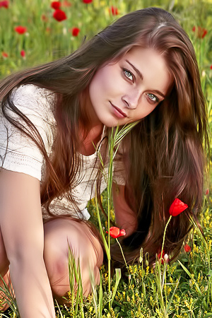 Cutie caresses boobs with a fresh flower.