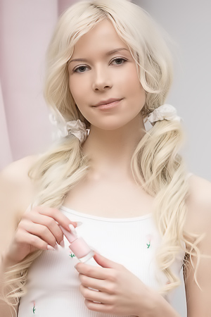 Lily H ahora emerges from the bedroom, stockings on lips